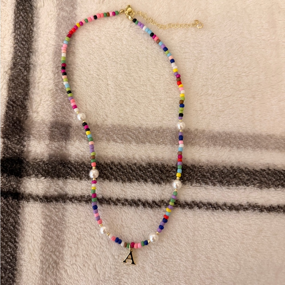 Colorful Beaded Necklace with Gold “A”